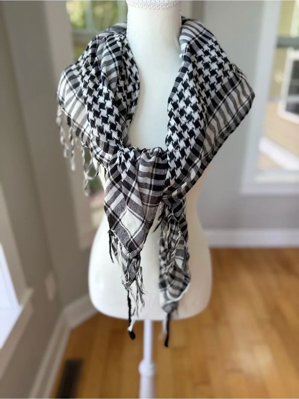Vintage Black & White Plaid Woven Fringe Large Square Scarf Wrap
